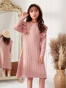 女大童荷葉邊毛衣洋裝不附腰帶 - 粉色 - 查看 6
