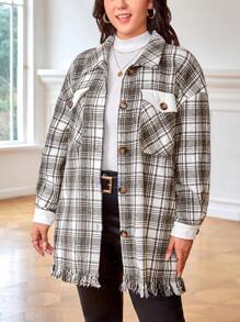 SHEIN Clasi Plus Plaid Print Drop Shoulder Raw Cut Overcoat Without Belt - Apricot - View 5