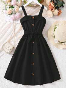 SHEIN 女大童前紐扣腰帶吊帶洋裝 - 黑色 - 查看 1