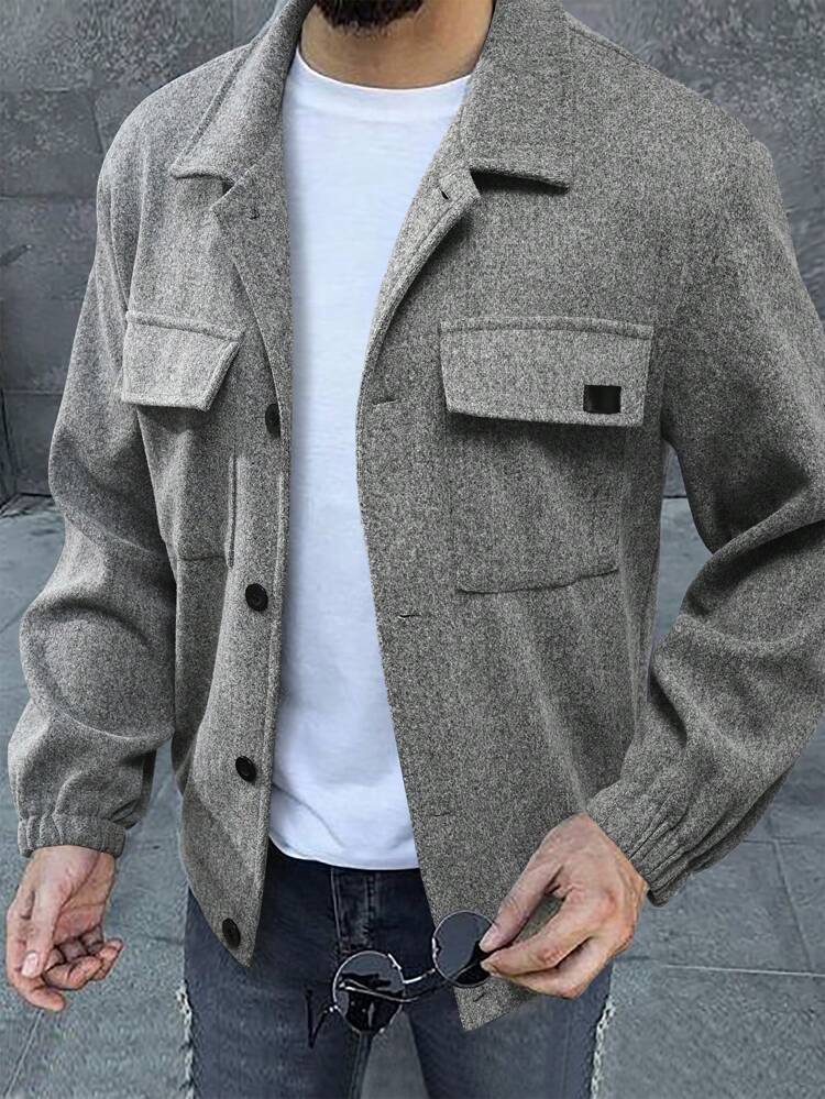 Men Flap Pocket Button Up Overcoat