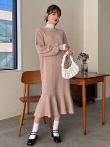 FRIFUL Solid Ruffle Hem Smock Dress,Fall Clothes - Khaki - View 6