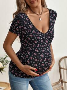 SHEIN Maternity Ditsy Floral Print Tee - Multicolor - View 4