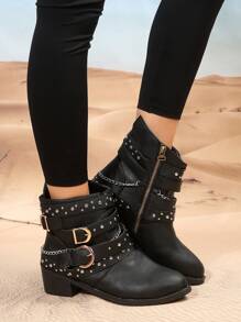 Botas de moda con detalle de remaches y cadena de tacón medio para mujer con estilo punk - Negro - Ver 6