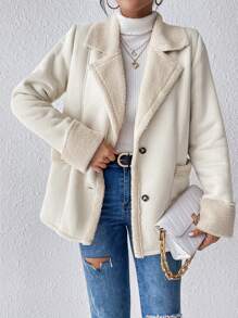SHEIN Frenchy Cổ áo Lót Teddy áo - Màu be - Xem 1