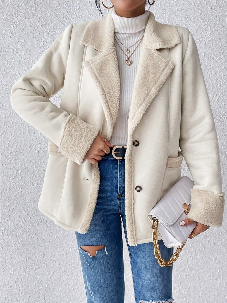 SHEIN Frenchy Cổ áo Lót Teddy áo - Màu be - Xem 1