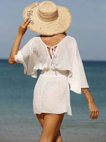 Swim Lushoire Summer Beach Solid Batwing Sleeve Cover Up Dress - White - View 2
