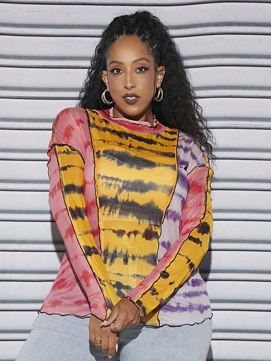 SHEIN CURVE+ Hơn Nhuộm buộc Khối màu Khâu trên cùng Áo thun - Nhiều màu - Xem 1