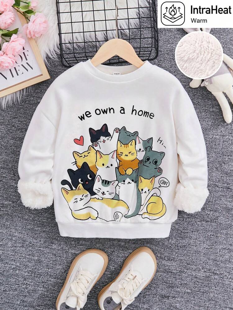 Tween Girl Cartoon & Slogan Graphic Thermal Lined Sweatshirt