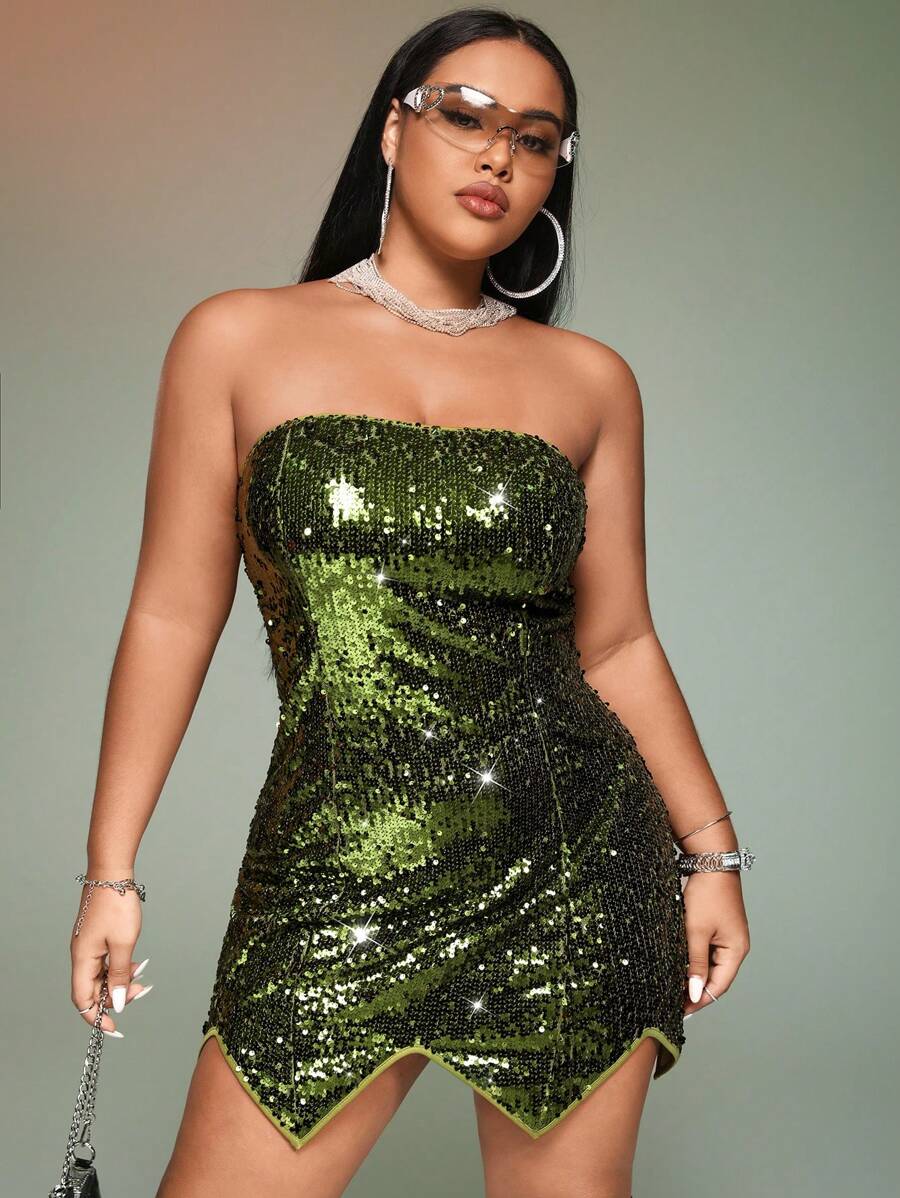 SHEIN ICON Plus Asymmetrical Hem Sequin Tube Dress - Green - View 1