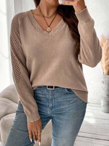 Flirla Plus Raglan Sleeve Pointelle Knit Sweater Knit Pullover Fall Winter Sweater - Apricot - View 3
