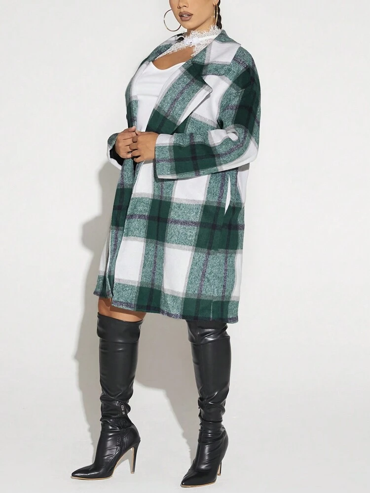 Plus Plaid Print Drop Shoulder Overcoat