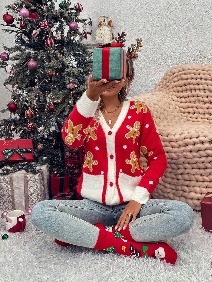 SHEIN LUNE Mẫu giáng sinh Thả vai Áo len Mở - Nhiều màu - Xem 1