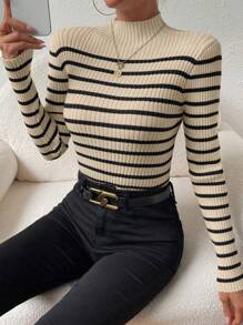 Chiquease Randigt mönster Mock Neck tröja, långärmade toppar - Aprikos - Visa 3