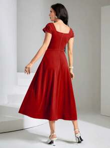 Modelyn Solid Square Neck A-Line Dress For New Year Clothes Maxi Women Outfit - Red - View 2