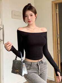 DAZY Women's Casual Solid Color Off-Shoulder Bodycon T-Shirt, Spring & Autumn,Off Shoulder Top Long Sleeve Women Tops,Fall Women Clothes - Black - View 2