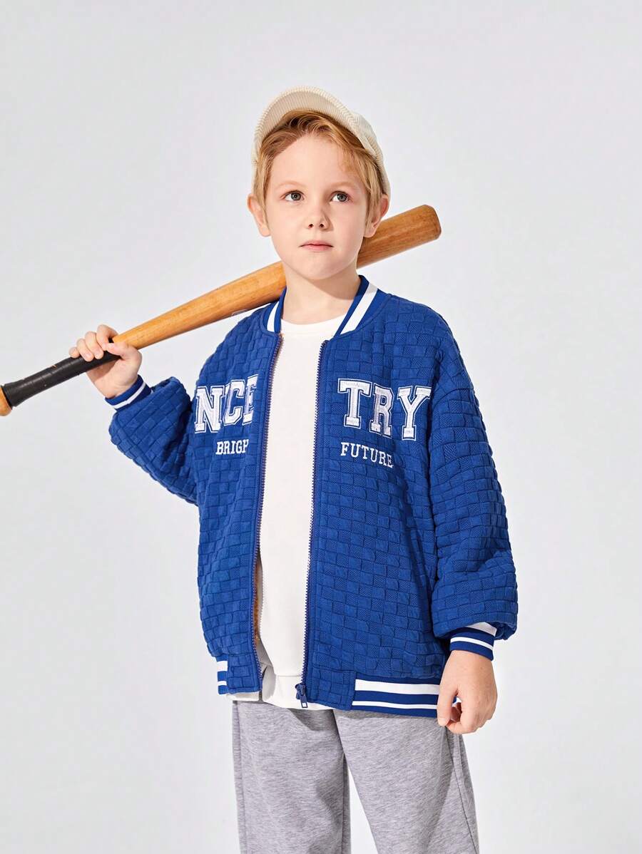 SHEIN Tween Boy Letter Graphic Striped Trim Drop Shoulder Thermal Lined Bomber Jacket Without Hoodie - Blue - View 1