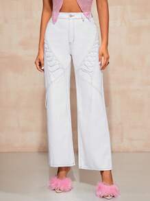 SHEIN Essnce Lace Up Front Wide Leg Jeans - White - View 1