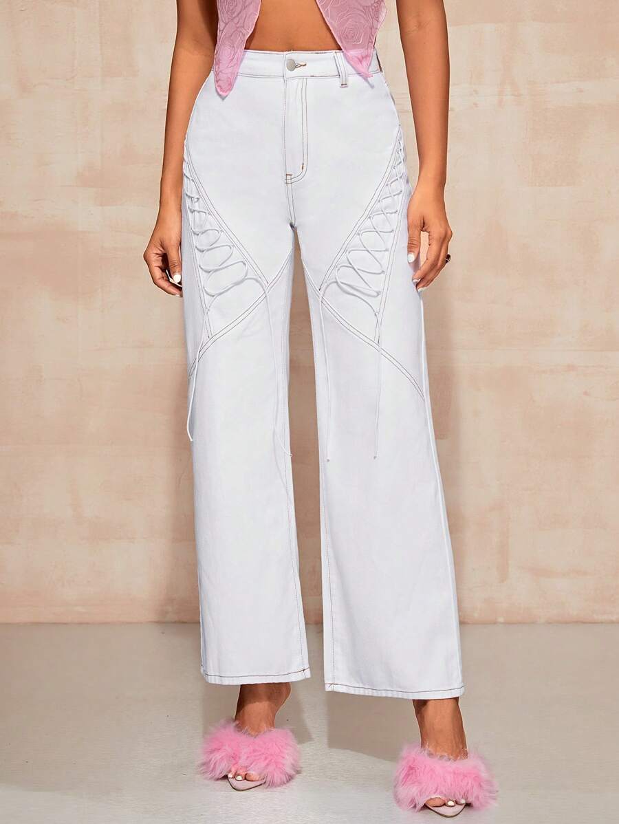 SHEIN Essnce Lace Up Front Wide Leg Jeans - White - View 1