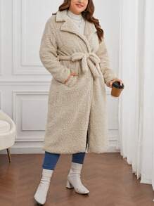 SHEIN LUNE Hơn Cổ áo Túi Kép Mở Mặt trước Áo khoác Teddy - Màu be - Xem 4