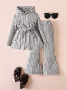 SHEIN 女小童連帽腰帶T恤&喇叭褲 - 灰色 - 查看 1