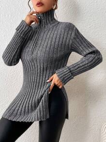 SHEIN Frenchy Half Zip Split Hem Drop Shoulder Sweater In Fall/Winter Black Casual - Black - View 5