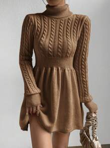 Firerie Turtleneck Cable Knit Sweater Dress In Fall/Winter - Coffee Brown - View 3