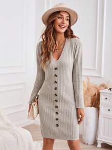 GENKIRA Button Front Ribbed Knit Sweater Dress Fall Cloth For Women - Khaki - View 1