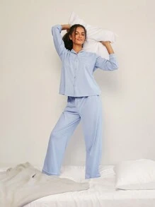 LUVLETTE Autumn And Winter Soft Sky Blue 100% Pure Cotton Basic Shawl Collar Long Pajama Set For Women Lounge Sets For Women Pants With Pockets Fall Pajamas Clothes