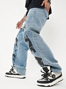 Manfinity LEGND 寬鬆男士人體印花直筒牛仔褲 - 藍色 - 查看 6