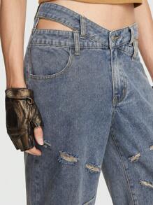 ROMWE MEN Grunge Punk Men Brushed Hollow Out Waist Straight Leg Jeans - Blue - View 6