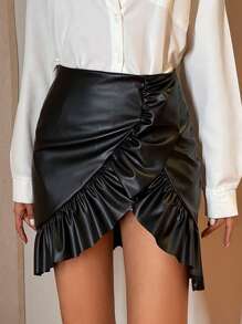 SHEIN Cottnline Ruffle Hem PU Leather Skirt - Black - View 5