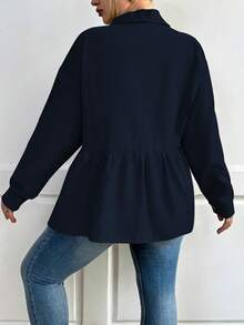 Calvaya Plus Flap Pocket Drop Shoulder Peplum Coat - Navy Blue - View 2