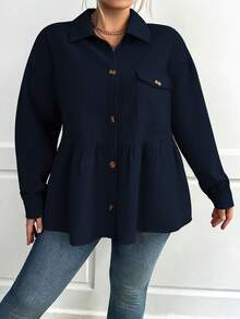 Calvaya Plus Flap Pocket Drop Shoulder Peplum Coat - Navy Blue - View 6