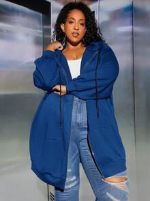 SHEIN CURVE+ Plus Size Zip Up Drop Shoulder Drawstring Sweatshirt - Blue - View 3