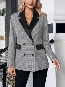 SHEIN Privé Gingham Print Double Breasted Blazer - Grey - View 6