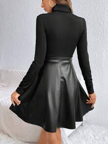 SHEIN Frenchy 素色小高領A字洋裝不附腰帶 - 黑色 - 查看 2