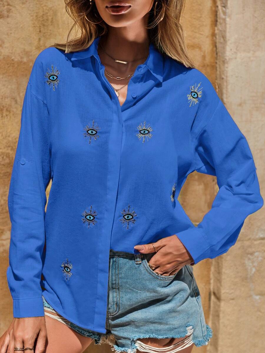 SHEIN Cottnline Eye Embroidery Button Front Drop Shoulder Shirt - Royal Blue - View 1
