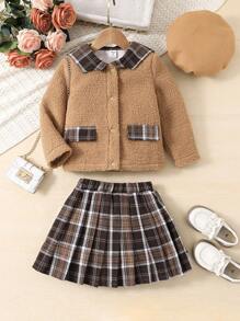 SHEIN Young Girl Plaid Print Contrast Collar Jacket & Pleated Skirt & Hat - Brown - View 1