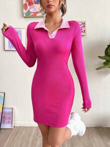 SHEIN EZwear Váy bodycon cổ tương phản - Hồng - Xem 3