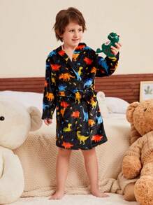 SHEIN Young Boy Plush Dinosaur Pattern Hooded Loungewear - Multicolor - View 5