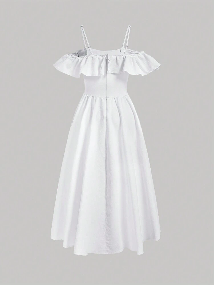 Cold Shoulder Ruffle Trim Denim Cami Dress