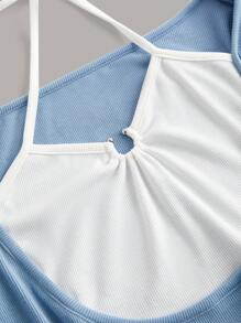 SHEIN MOD Hai âm Dây rút Xù Hoa Sen Áo thun - Xanh và trắng - Xem 3