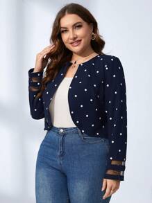 SHEIN Clasi Plus Polka Dot Print Mesh Insert Open Front Jacket - Navy Blue - View 3