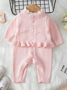 SHEIN Bebé niña Mono ribete con fruncido con botón delantero tejido