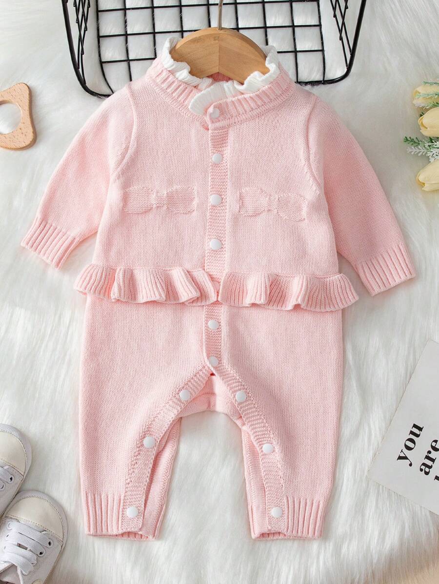 SHEIN Bebé niña Mono ribete con fruncido con botón delantero tejido