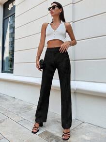 EURMUSE Striped Print Straight Leg Pants - Black and White - View 4