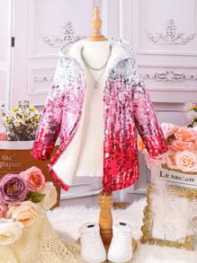 SHEIN 年輕女孩 1 入組亮片印花連帽泰迪熊襯里外套