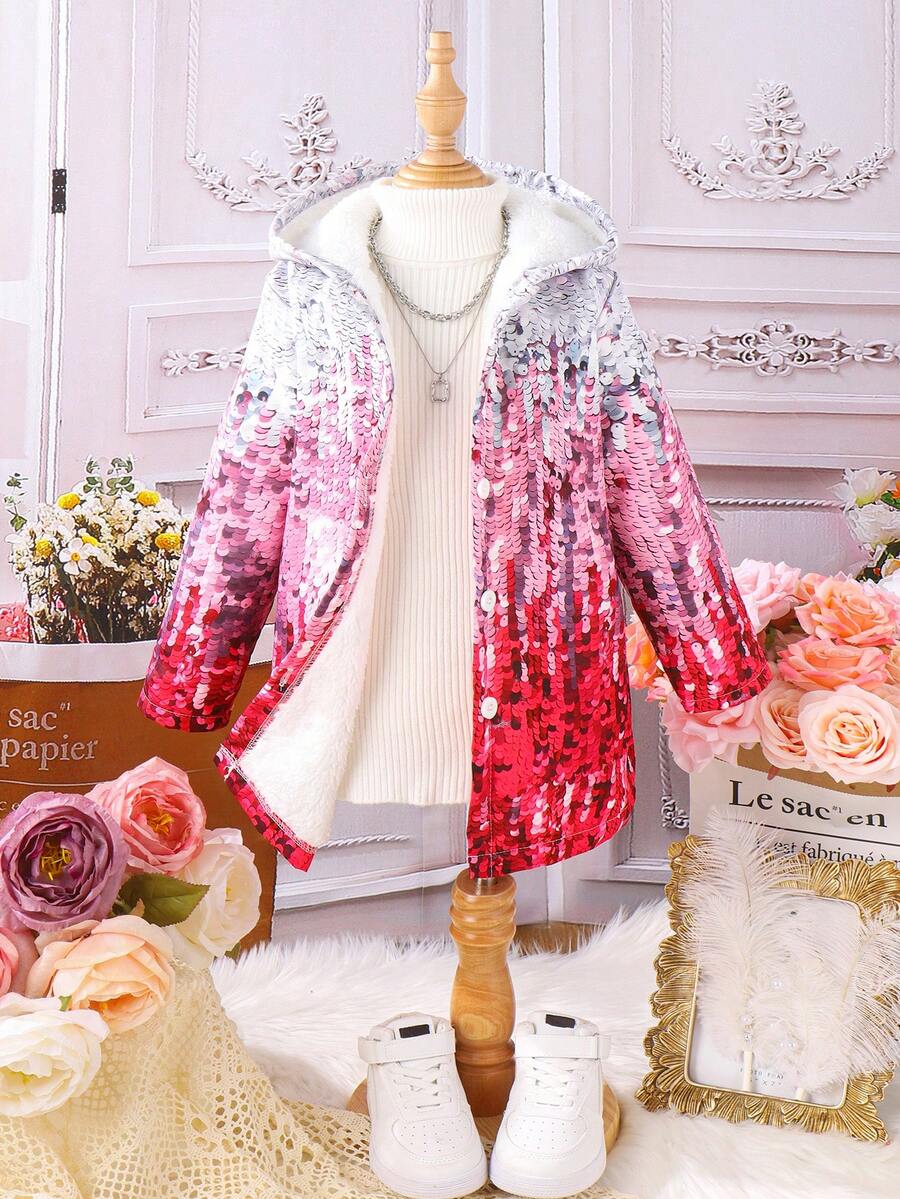 SHEIN 年輕女孩 1 入組亮片印花連帽泰迪熊襯里外套