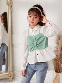 SHEIN Cô gái Tween Viền mặt trước 2 trong1 Áo sơ mi - màu xanh lá - Xem 1