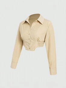 SHEIN Unity Camisa unicolor con botón delantero crop - Caqui - Ver 3
